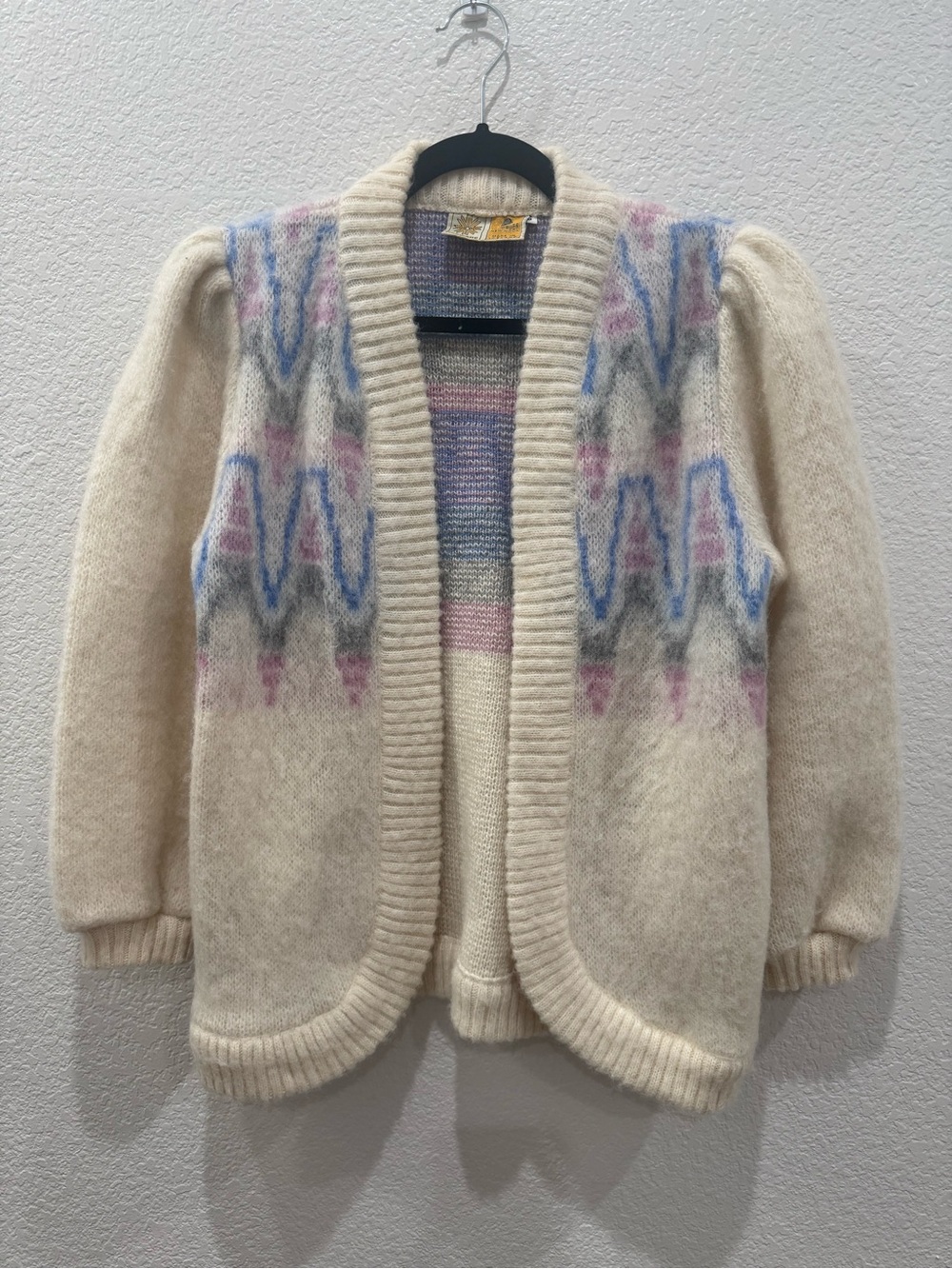 VTG Icewear Iceland Wool Cardigan Womens S Nordic Pastel Puff Sleeve Sweater